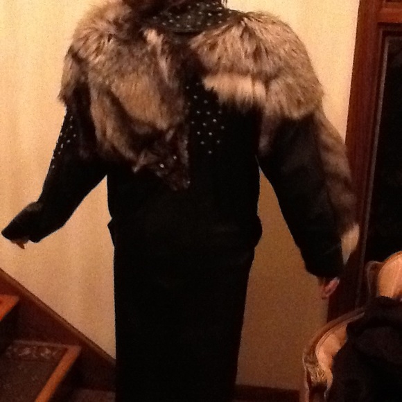 Studded Black Leather with Fox long coat to below the knee - Picture 3 of 4